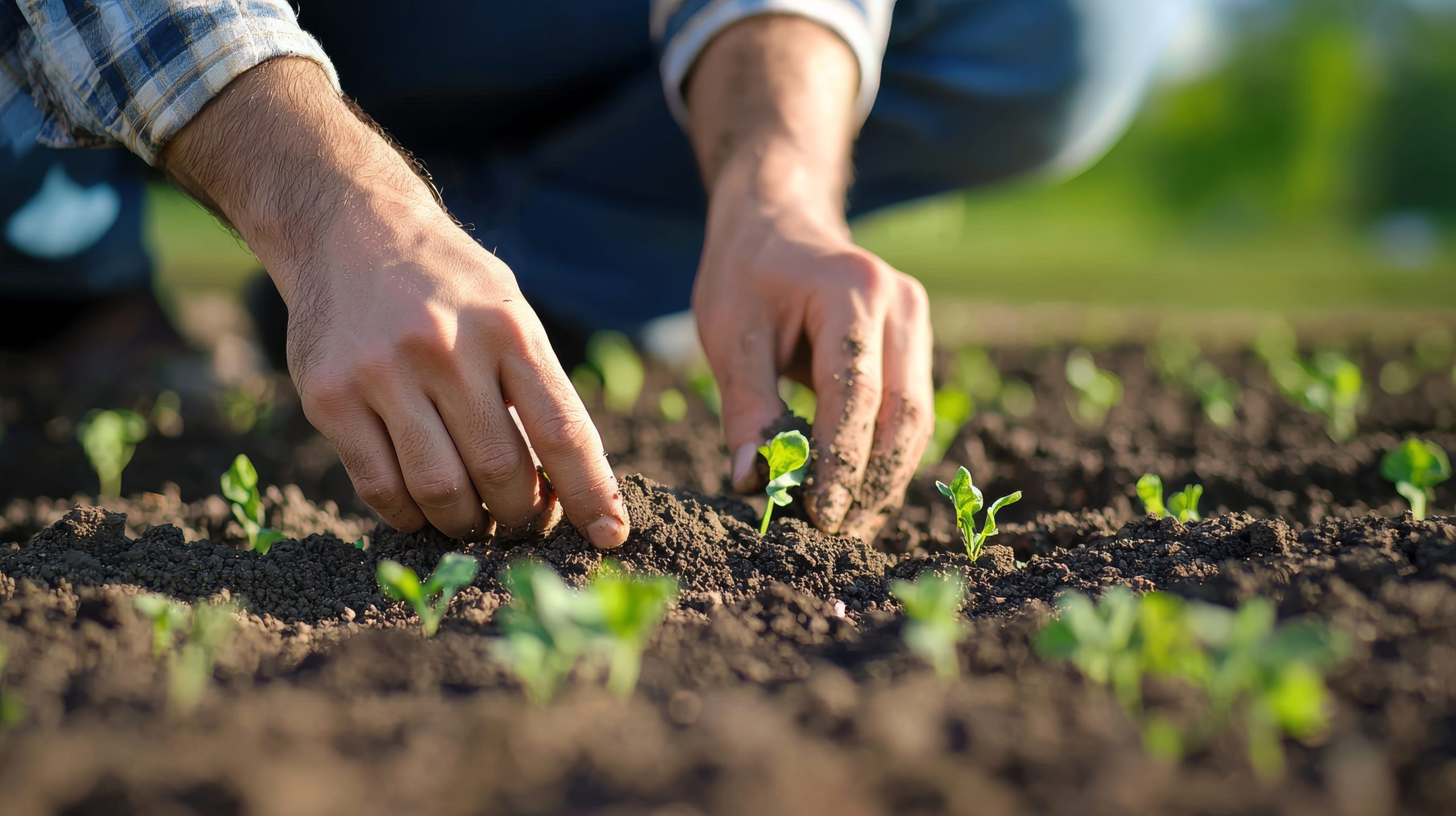Agricultor plantando plántulas en campo agrícola